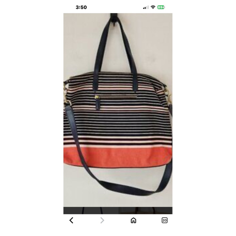 Striped Tote Bag Coral Navy White Red Canvas Leather Straps Adjustable Crossbody